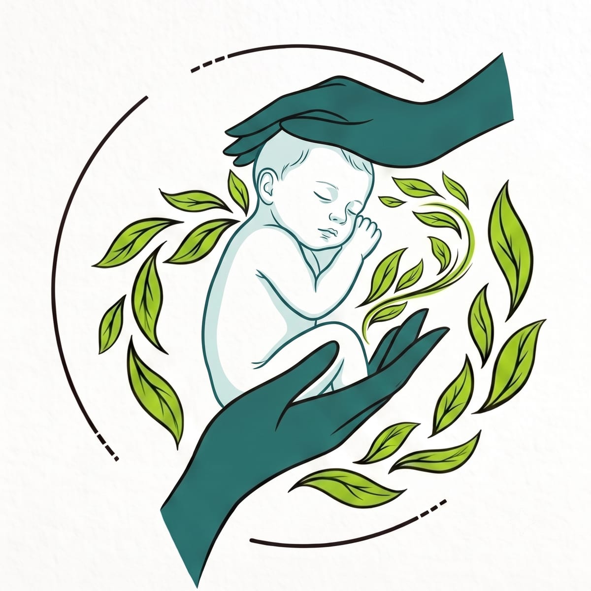 Illustration im Stil des Praxislogos: zwei Hände halten schützend ein schlafendes Baby, umgeben von Blättern