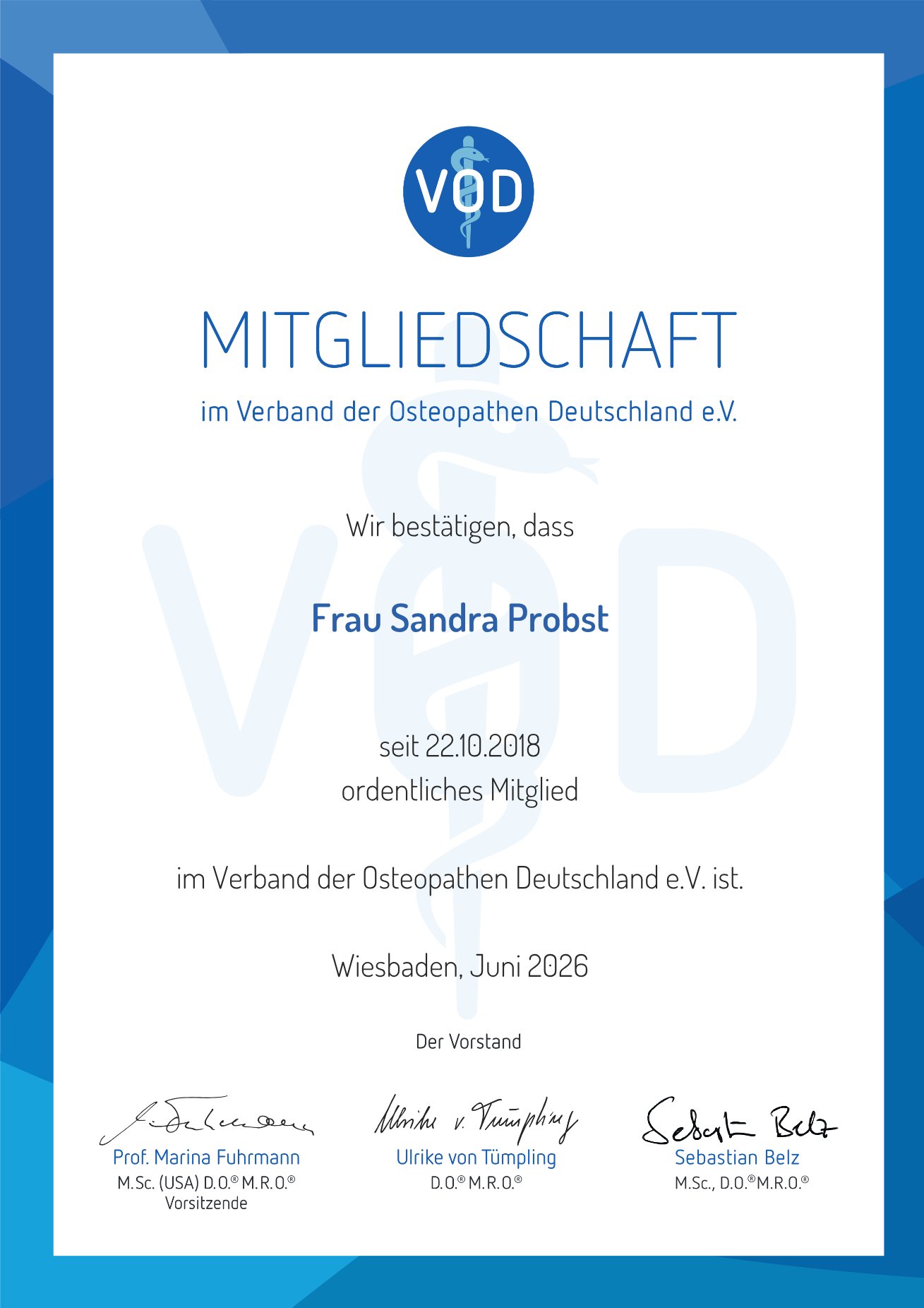 VOD-Mitgliedsurkunde: Sandra Probst ist seit 22.10.2018 ordentliches Mitglied im Verband der Osteopathen Deutschland e.V.